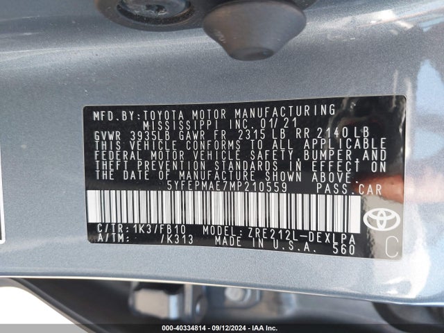 Toyota COROLLA LE 2021 5YFEPMAE7MP210559 Image 9