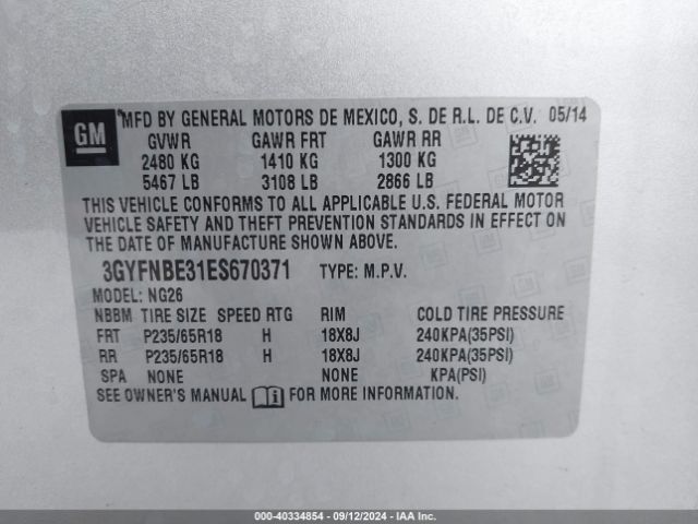 3GYFNBE31ES670371 Cadillac Srx Luxury Collection