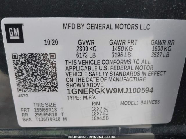 1GNERGKW9MJ100594 Chevrolet Traverse Fwd Lt Cloth