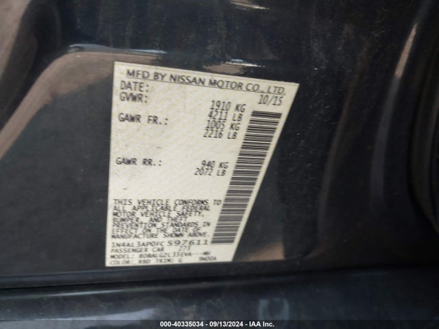 Nissan Altima 2.5 S 2015 1N4AL3AP0FC597611 Image 9