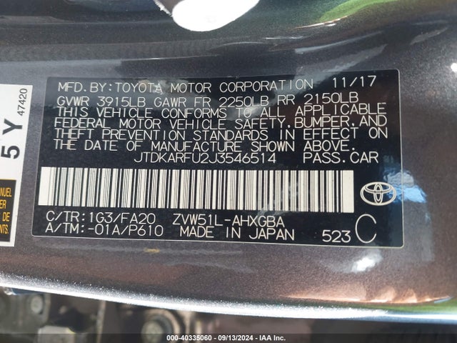 Toyota Prius Three 2018 JTDKARFU2J3546514 Image 9