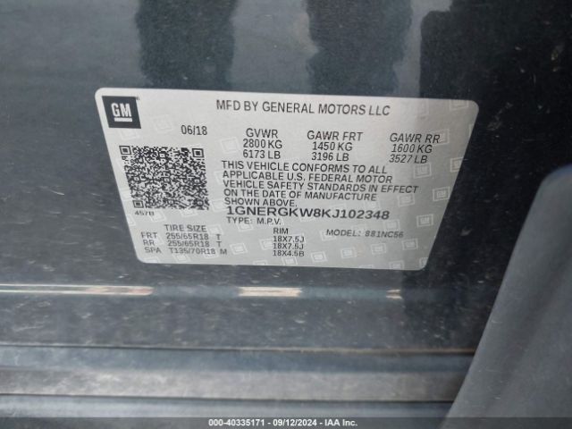 1GNERGKW8KJ102348 Chevrolet Traverse 1lt