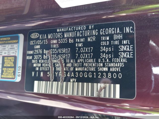 5XYPG4A30GG123800 KIA Sorento 2.4l Lx