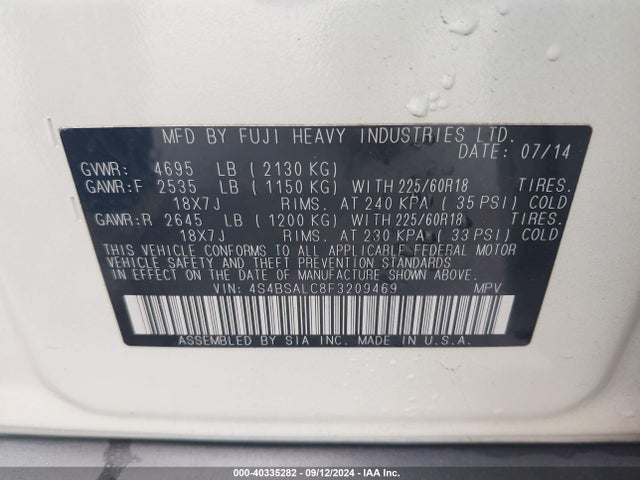 Subaru Outback 2.5i Limited 2015 4S4BSALC8F3209469 Image 9