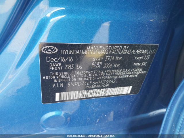 5NPD74LF6HH173962 Hyundai ELANTRA SE