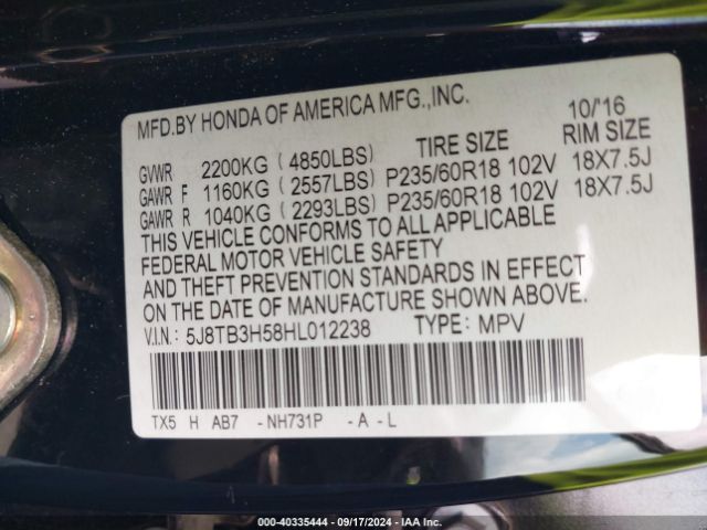 5J8TB3H58HL012238 Acura Rdx Technology   Acurawatch Plus Packages/w/technology Package