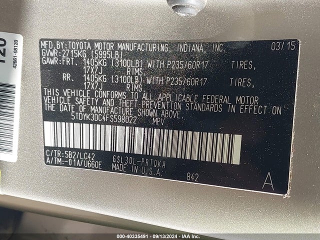 Toyota Sienna Xle 8 Passenger 2015 5TDYK3DC4FS598022 Image 9