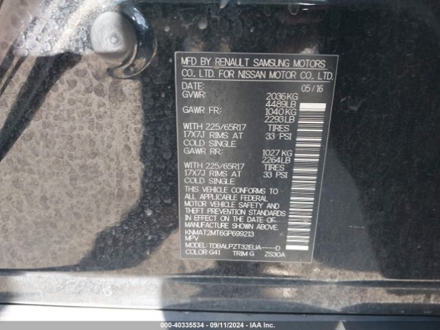 KNMAT2MT6GP699213 Nissan Rogue S/sl/sv