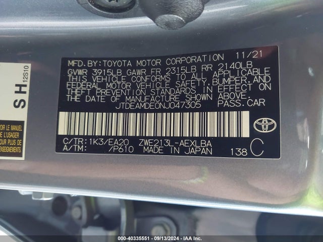 Toyota Corolla Hybrid Le 2022 JTDEAMDE0NJ047305 Image 9