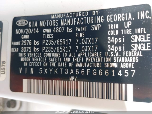 5XYKT3A66FG661457 KIA SORENTO LX