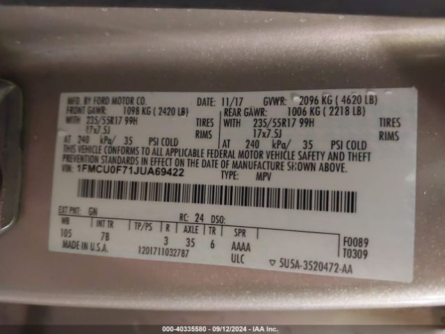 1FMCU0F71JUA69422 Ford ESCAPE S