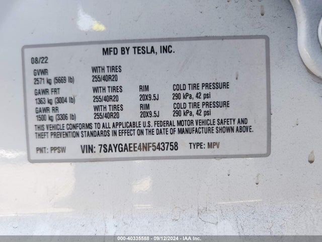 2022 TESLA MODEL Y 7SAYGAEE4NF543758 Photo 8