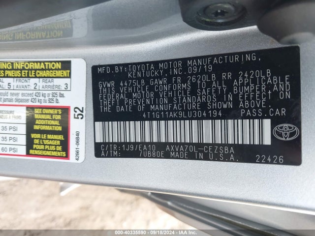 Toyota CAMRY SE 2020 4T1G11AK9LU304194 Image 9