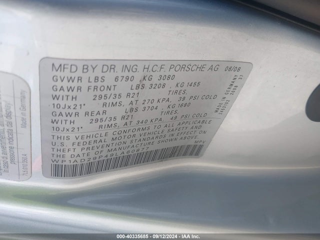 2009 PORSCHE CAYENNE WP1AD29P49LA60877 Photo 8