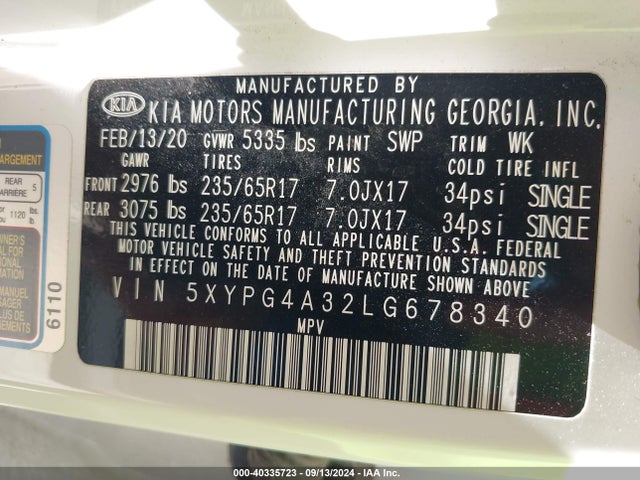 KIA Sorento 2.4l L 2020 5XYPG4A32LG678340 Image 9