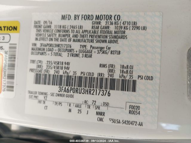 3FA6P0RU3HR217376 Ford Fusion Hybrid Titanium