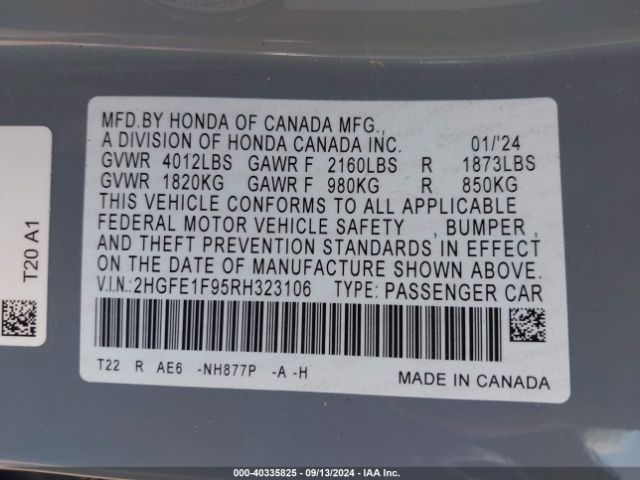 2HGFE1F95RH323106 Honda Civic Touring
