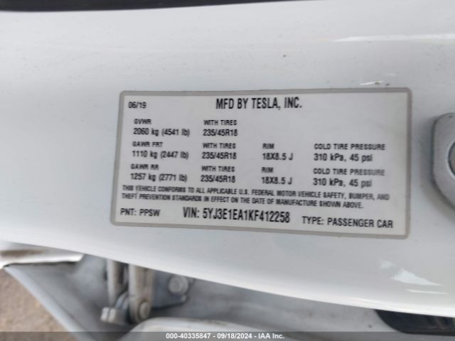 5YJ3E1EA1KF412258 Tesla Model 3 Long Range/mid Range/standard Range/standard Range Plus