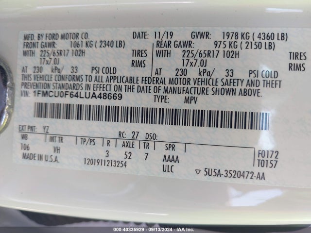 Ford ESCAPE S 2020 1FMCU0F64LUA48669 Image 9