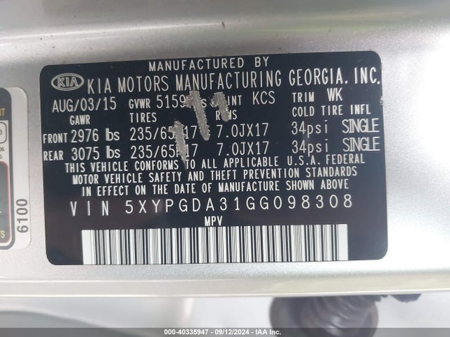 Продажа на аукционе авто 2016 Kia Sorento 2.4l Lx, vin: 5XYPGDA31GG098308, номер лота: 40335947