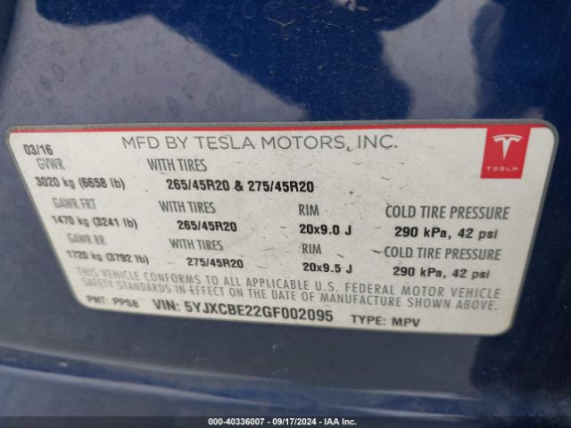 5YJXCBE22GF002095 Tesla Model X 60d/70d/75d/90d/p100d