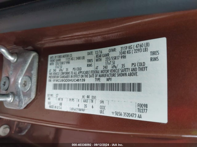 Ford ESCAPE SE 2017 1FMCU9GD0HUC46139 Image 9