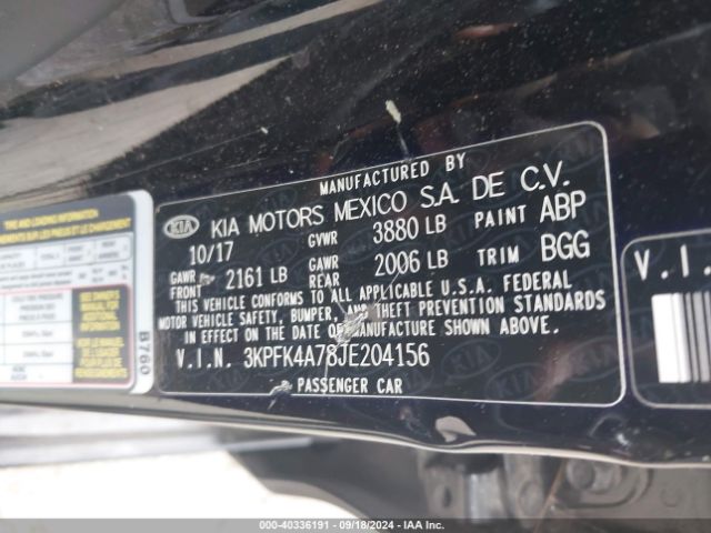 3KPFK4A78JE204156 KIA FORTE LX