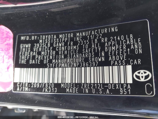 Toyota COROLLA LE 2022 5YFEPMAE7NP386397 Image 9