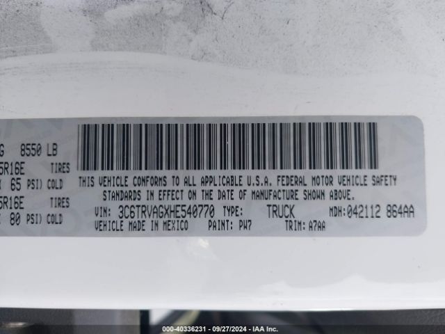 3C6TRVAGXHE540770 RAM Promaster 1500 Low Roof 136 Wb