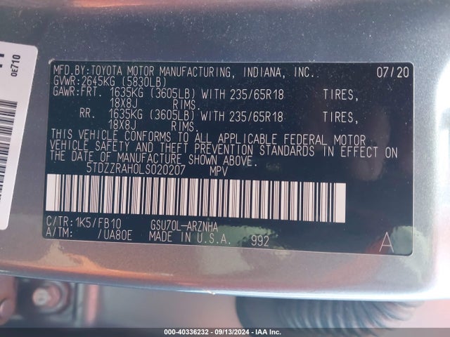 5TDZZRAH0LS020207 Toyota Highlander Le