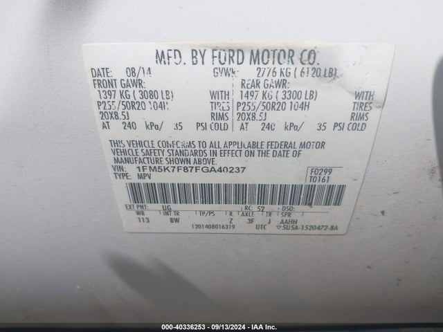 Ford Explorer Limited 2015 1FM5K7F87FGA40237 Image 9