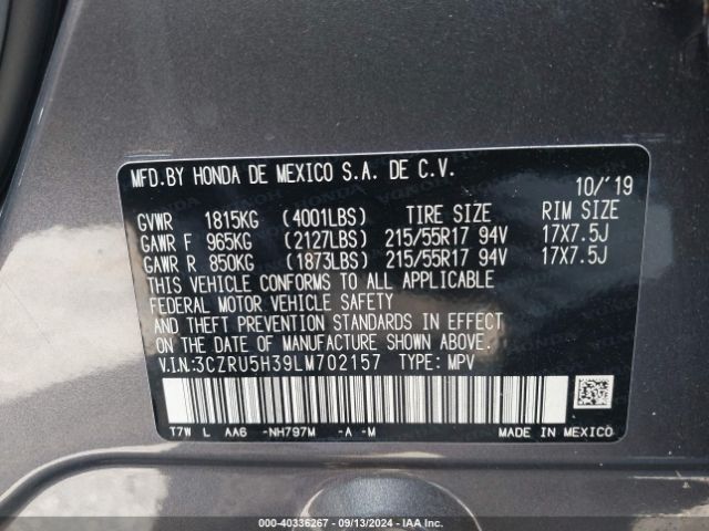 3CZRU5H39LM702157 Honda Hr-v 2wd Lx