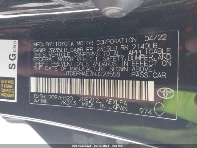 JTDEPMAE7NJ223558 Toyota COROLLA LE