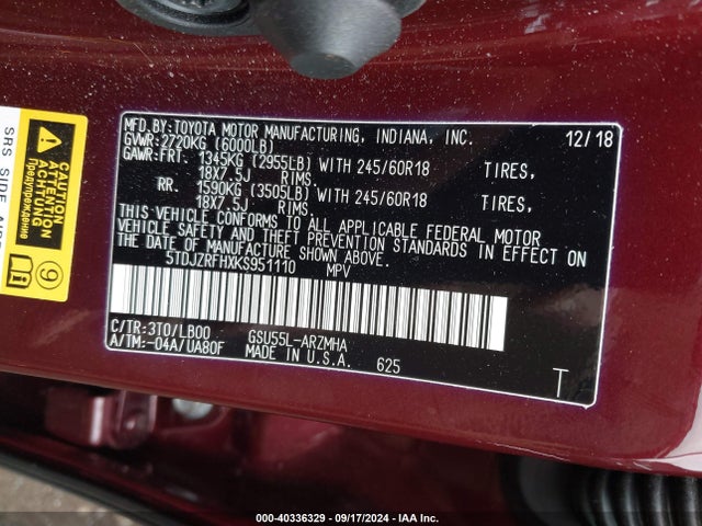 Toyota Highlander Xle 2019 5TDJZRFHXKS951110 Image 9