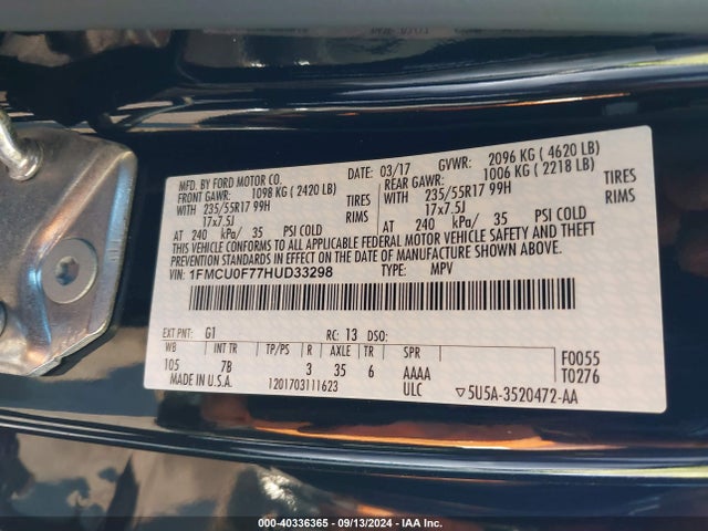 Ford ESCAPE S 2017 1FMCU0F77HUD33298 Image 9