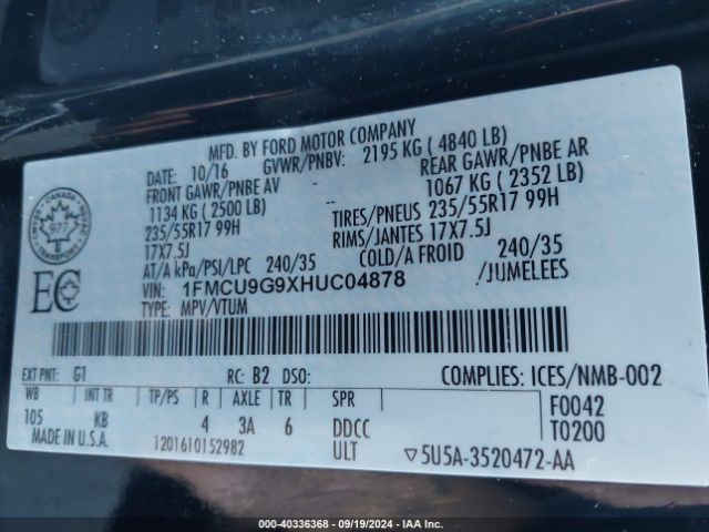 1FMCU9G9XHUC04878 Ford ESCAPE SE