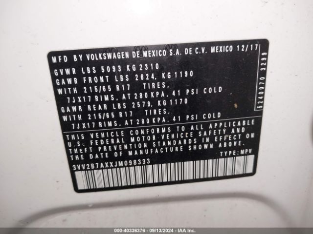 3VV2B7AXXJM098333 Volkswagen Tiguan 2.0t Se/2.0t Sel
