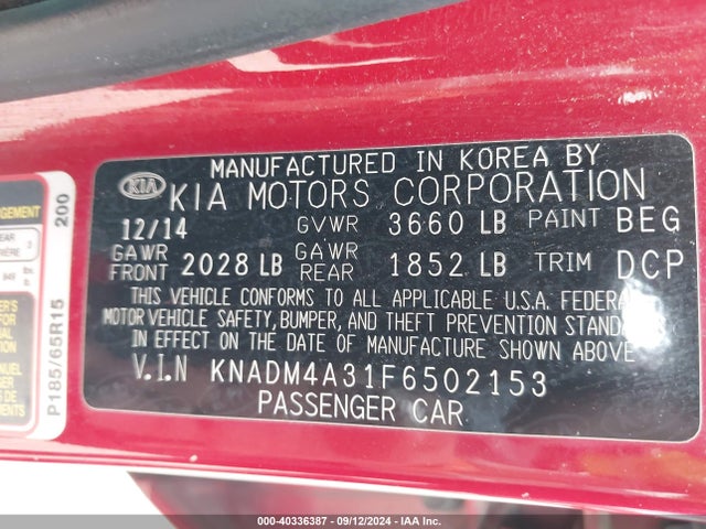 KIA RIO LX 2015 KNADM4A31F6502153 Image 9