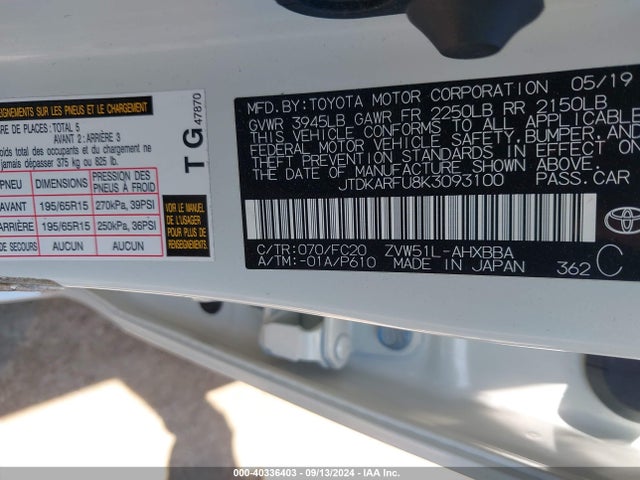 Toyota Prius L Eco 2019 JTDKARFU8K3093100 Image 9