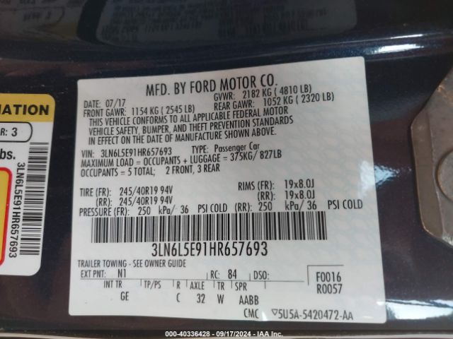3LN6L5E91HR657693 Lincoln Mkz Reserve