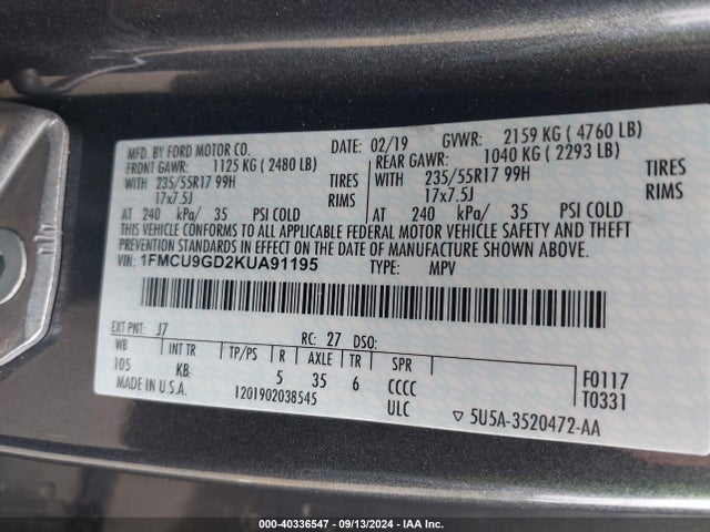 Ford ESCAPE SE 2019 1FMCU9GD2KUA91195 Image 9