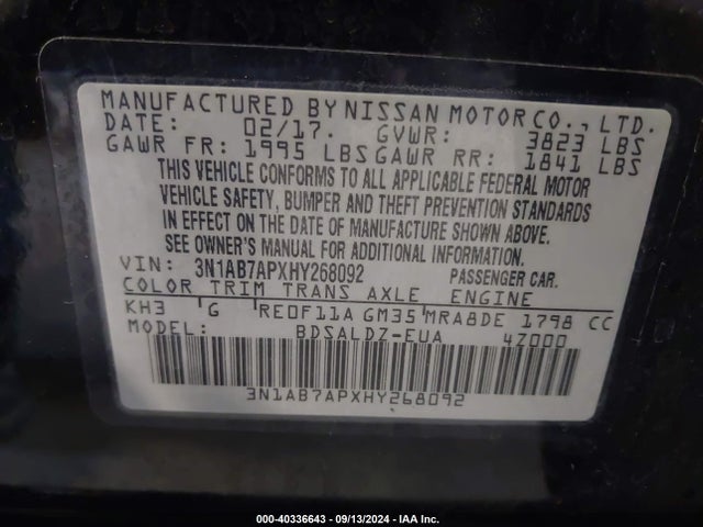 Nissan SENTRA SV 2017 3N1AB7APXHY268092 Image 9