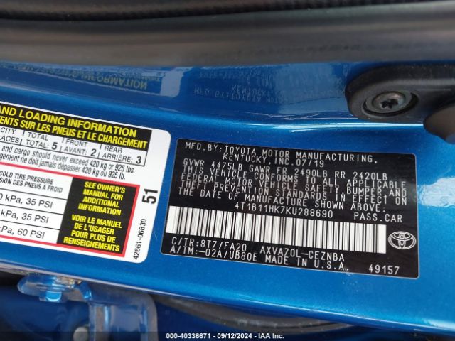 4T1B11HK7KU288690 Toyota CAMRY LE