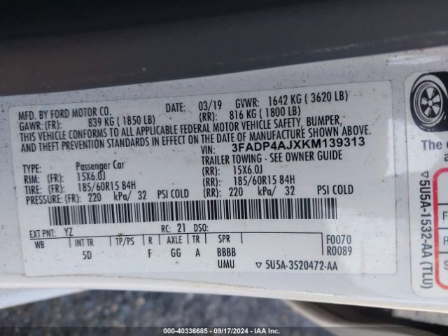 3FADP4AJXKM139313 Ford FIESTA S