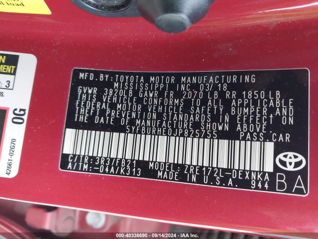 Toyota COROLLA LE 2018 5YFBURHE0JP825755 Image 9