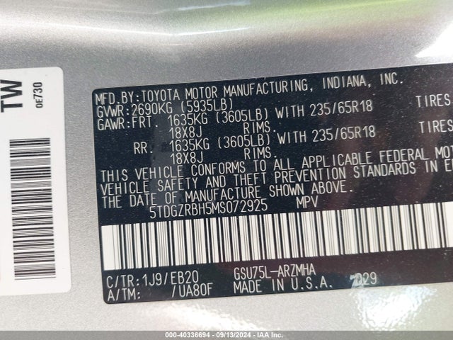 Toyota Highlander Xle 2021 5TDGZRBH5MS072925 Image 9