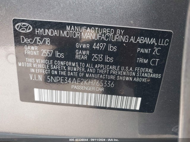 Hyundai SONATA SEL 2019 5NPE34AF2KH765336 Image 9