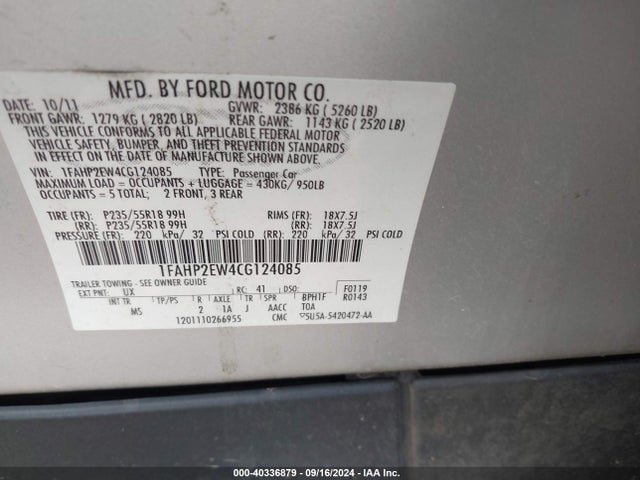 Продажа на аукционе авто 2012 Ford Taurus Sel, vin: 1FAHP2EW4CG124085, номер лота: 40336879