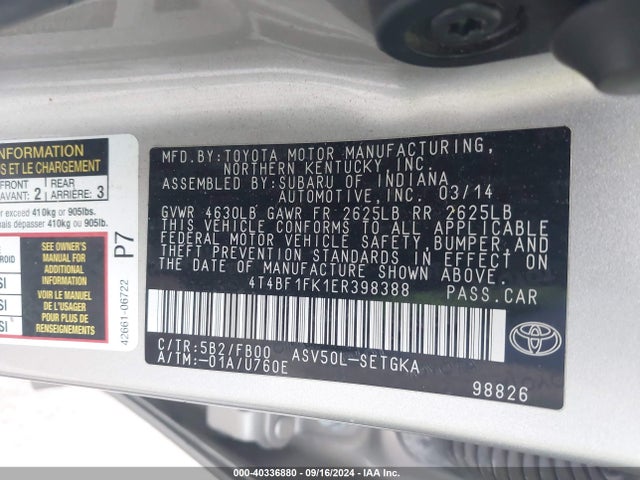 Toyota CAMRY XLE 2014 4T4BF1FK1ER398388 Image 9