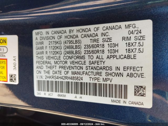 2HKRS4H42RH485824 Honda Cr-v Ex Awd